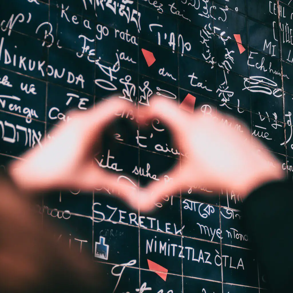 Language Learners Survey 2022 featured image. A heart sign over a blackboard filled with foreign langauge text.