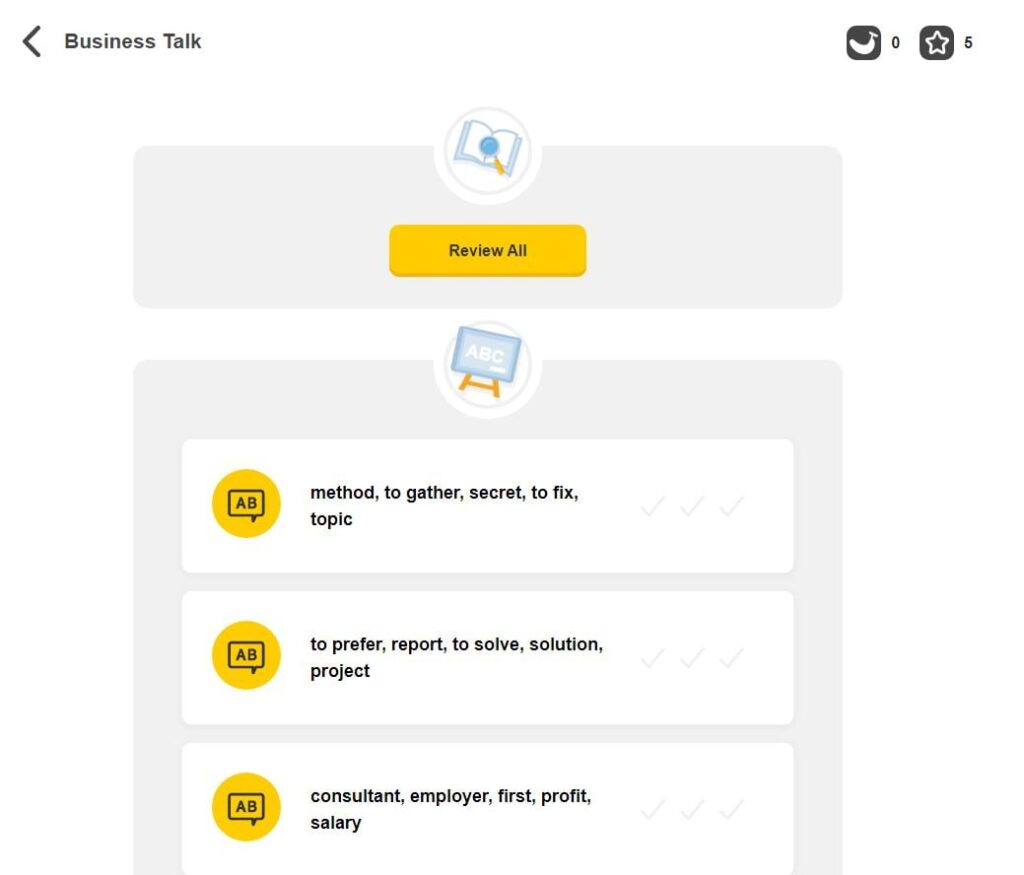 A screen capture of a module from Ling App. It shows the lessons from the  "business talk" module in the expert level. 