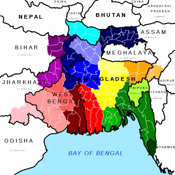 A map of West Bengal and Bangladesh, color coded to show the various Bengali dialects.