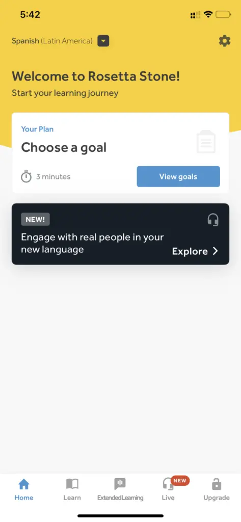A screenshot of Rosetta Stone's home screen, where you can choose a goal to structure the lessons. I recommend avoiding this and going through the lessons in order.