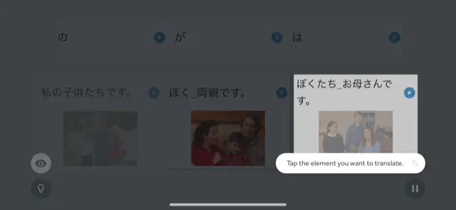 A screenshot of the Rosetta Stone Japanese showing the translation function. 
